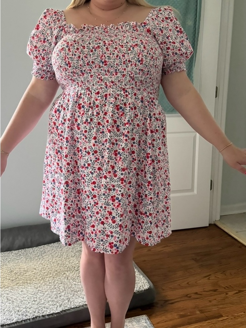 Draper James White and red Cherry-Print Smocked Casual Dress